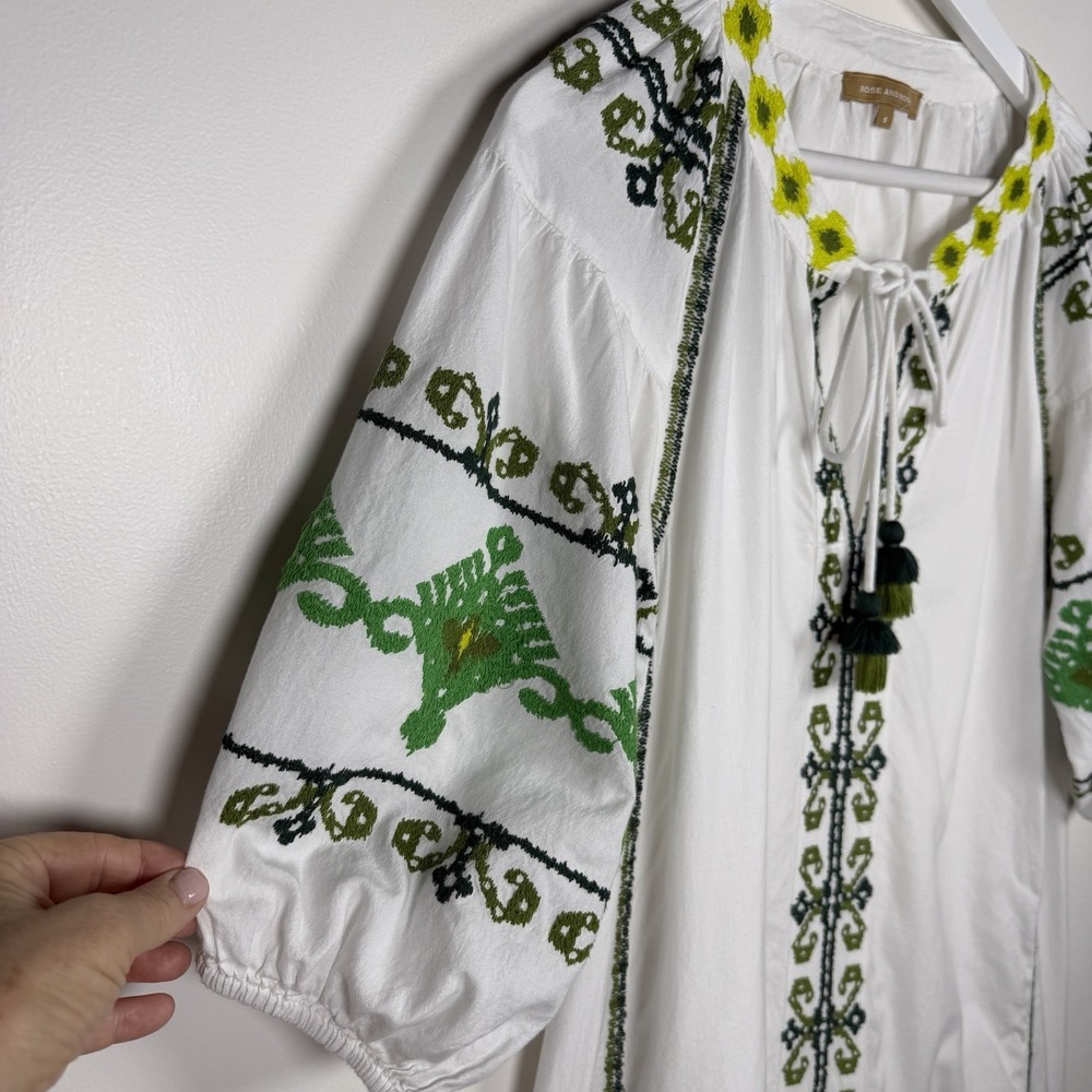 Rose And Rose Size Small Amersham White & Green MIDI Boho Embriodered Dress - Picture 5 of 12
